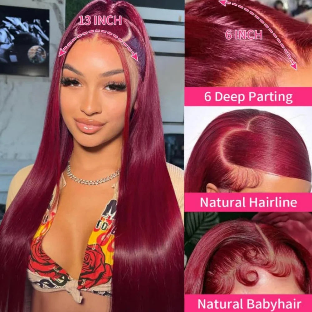 Burgundy 99J Straight Wig — 34 Inch