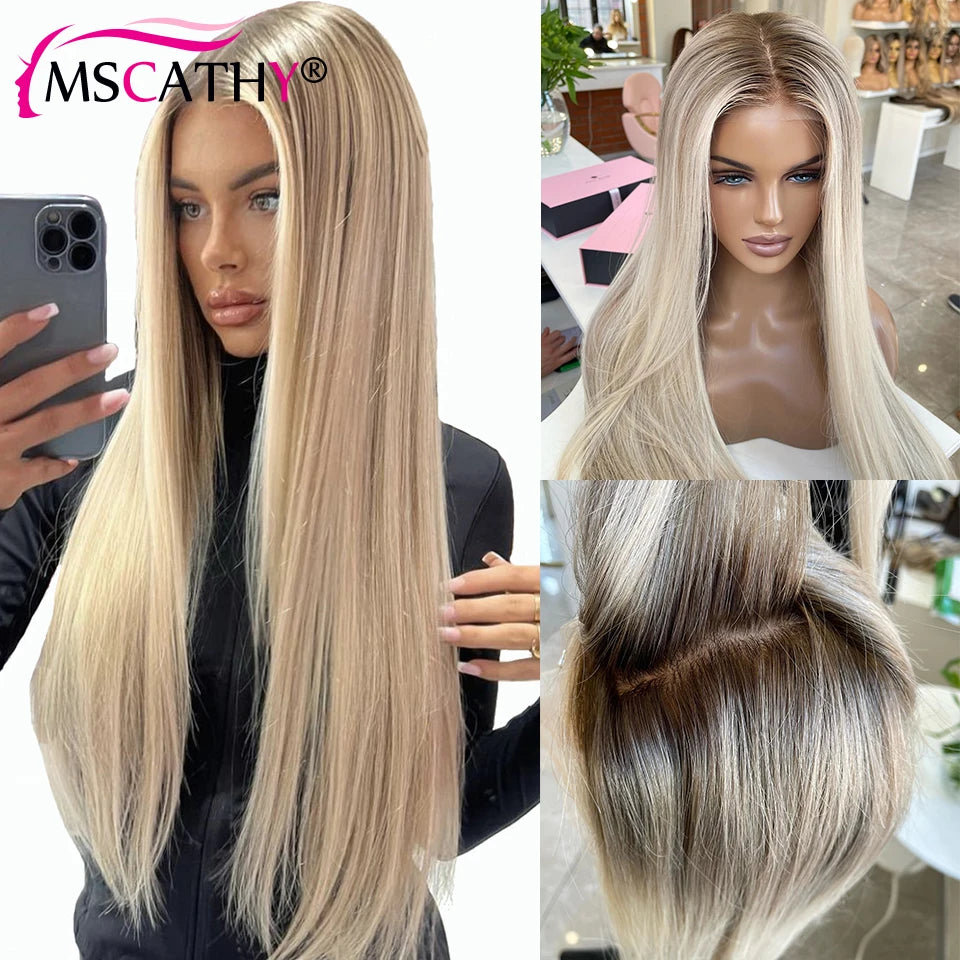Ash Blonde Ombre Straight Wig — 250% Density